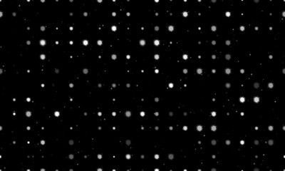 Seamless background pattern of evenly spaced white sea urchin symbols of different sizes and opacity. Vector illustration on black background with stars