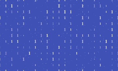 Seamless background pattern of evenly spaced white number one symbols of different sizes and opacity. Vector illustration on indigo background with stars