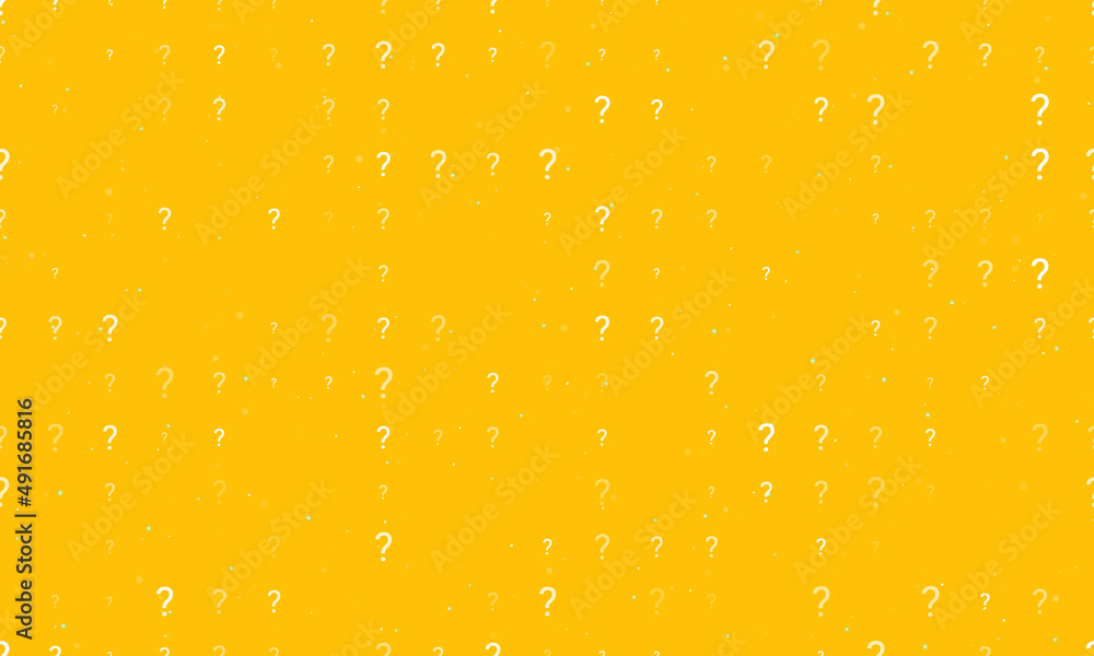 Poster seamless background pattern of evenly spaced white question symbols of different sizes and opacity. 