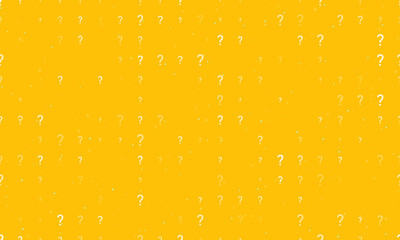 Seamless background pattern of evenly spaced white question symbols of different sizes and opacity. Vector illustration on amber background with stars