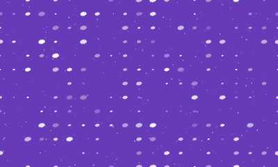 Seamless background pattern of evenly spaced white explosion symbols of different sizes and opacity. Vector illustration on deep purple background with stars