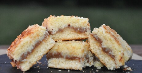 Coconut squares with dulce de leche.