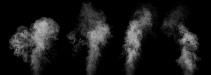 A set of four different types of swirling, writhing smoke, steam isolated on a black background for...