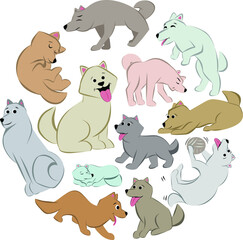 Collage of cute dogs and puppies with various poses