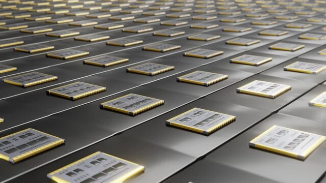 A conveyor with a lot of chips. Microchip manufacturing plant.