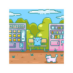 Pixel art background with 8 bit gaming park. Dog and mouse characters, arcade vending machine, sky and clouds, ground and grass, park bench. Vector 90s retro illustration. 