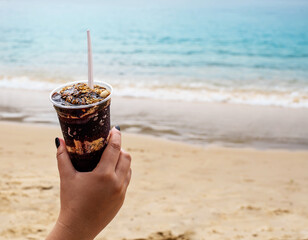 Ice Cream acai Cup on background tropical beach