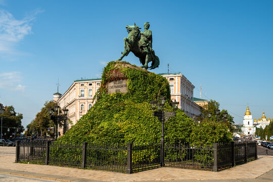 Famous Hetman Bohdan Khmelnytsky Monument against blue sky. Kyiv, Ukraine