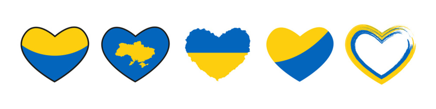 Set of Ukraine flag icon in heart shape. Set of vector icons. ukraine, pray for ukraine, save ukraine