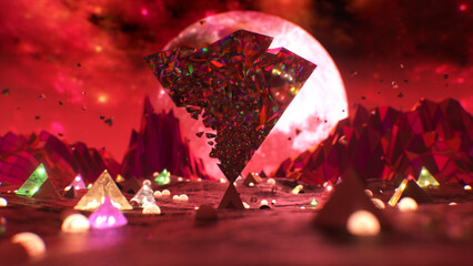 The glass pyramid breaks apart over the surface of the planet. Moon. Pink red color. 3d illustration