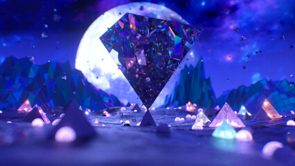 The glass pyramid breaks apart over the surface of the planet. Moon. Blue neon color. 3d illustration