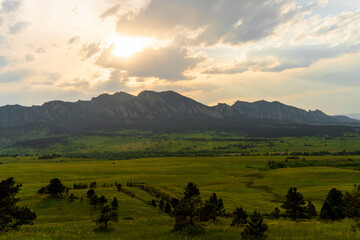 Aerial view of Flatiron Mountain range near Boulder, Colorado, United States.