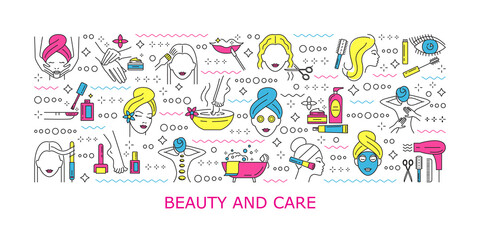 Spa, care and beaty horizontal banner. Collection of icons in modern linear style for spa salon