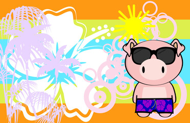Fototapeta na wymiar cute kawaii summer pig character cartoon background illustration in vector format