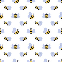 Honey bee pattern. Cute honey bee baby background. Bee seamless pattern. Cute cartoon flying bees summer wallpaper. Vector illustration.
