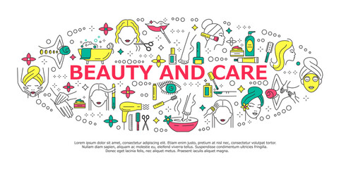 Fototapeta premium Spa, care and beaty round banner. Collection of icons in modern linear style for spa salon, beauty center