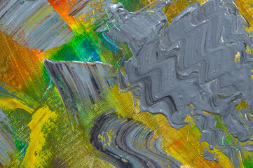 abstract rainbow multicolored background formed by erasing paints from the canvas, short focus. Not an art object, temporary effect.