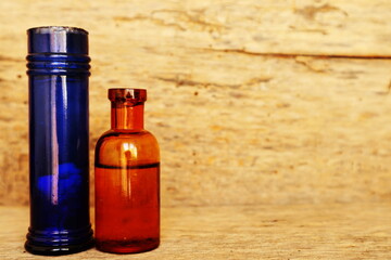 Antique Medicine Bottles, Victorian Era, on a original 1800s wooden background with space for your text or design
