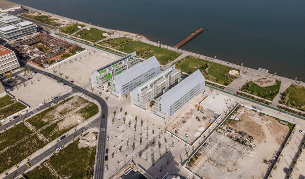Aerial view of Braco da Prata industrial area along Tagus River in Lisbon, Portugal.