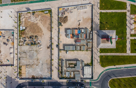 Aerial view of a construction site in Braco da Prata industrial area along Tagus River, in Lisbon, Portugal.