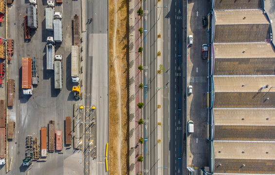 Aerial view of Braco da Prata industrial area along Tagus River in Lisbon, Portugal.