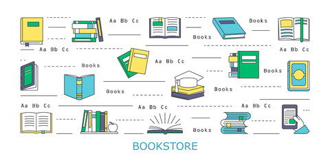 Bookstore elements line icons collection, university learning, library equipment.