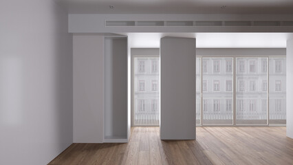Empty room interior design, open space with white walls and parquet wooden floor, big panoramic window, modern contemporary architecture, morning light, mock-up with copy space