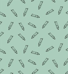 Cosmetic tube seamless pattern on green background. 