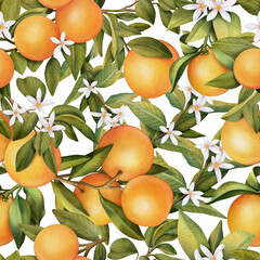 Seamless Orange pattern with tropic fruits, leaves, flowers background. Hand drawn watercolor illustration on white background