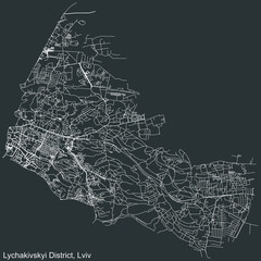 Detailed negative navigation white lines urban street roads map of the LYCHAKIV (LYCHAKIVSKYI) DISTRICT of the Ukrainian regional capital city Lviv, Ukraine on dark gray background