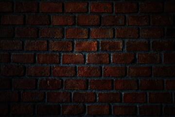 Old red clay brick wall with concrete cement for vintage background textured. with dark border vignette.