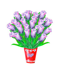 Watercolor illustration, a large bouquet of bright pink tulips in a decorative bucket