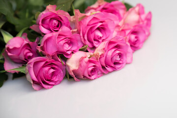 Bouquet of pink roses on white background. Flower background. Mothers Day, Wedding and Birthday concept.