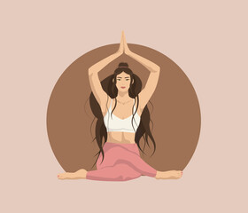 Yoga girl in lotus position vector illustration. Lifestyle sports woman with dark long hair on beige background. Harmony relaxation asana.