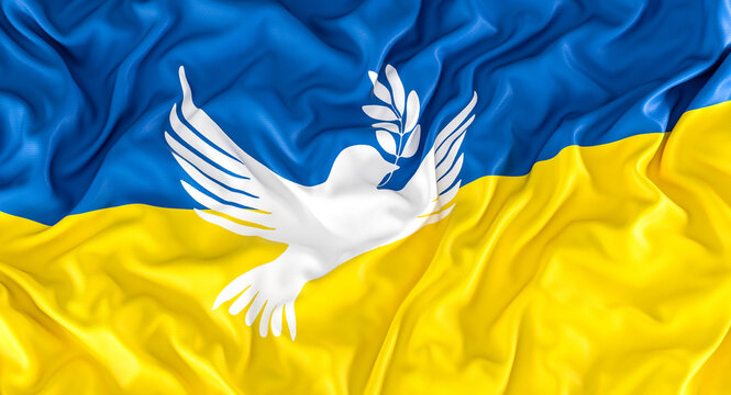 Ukrainian flag with peace symbol, dove with olive tree. - Powered by Adobe