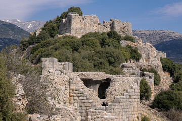 View of the Southern Wall of Nimrod fortress with the Keep and the Beautiful Tower, located in Northern Golan, at the southern slope of Mount Hermon, the biggest Crusader-era castle in Israel	