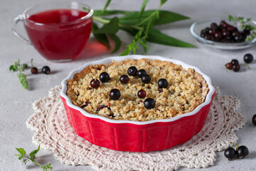 Homemade shortbread cake with black currant in a ceramic form on light gray background