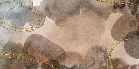 Hand Drawing Watercolor Abstract Background. Aquarelle wallpaper design with golden line. Earthy tones of blue and beige. For prints, wall drawings, covers and invitations cards