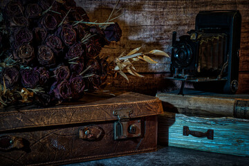 ein alter Leder Koffer mit getrockneten Rosen und einer alten Plattenkamera