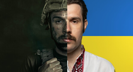 Collage. Half-faced portraits of serious man in military uniform and Ukrainian national clothes embroidered shirt called vyshyvanka