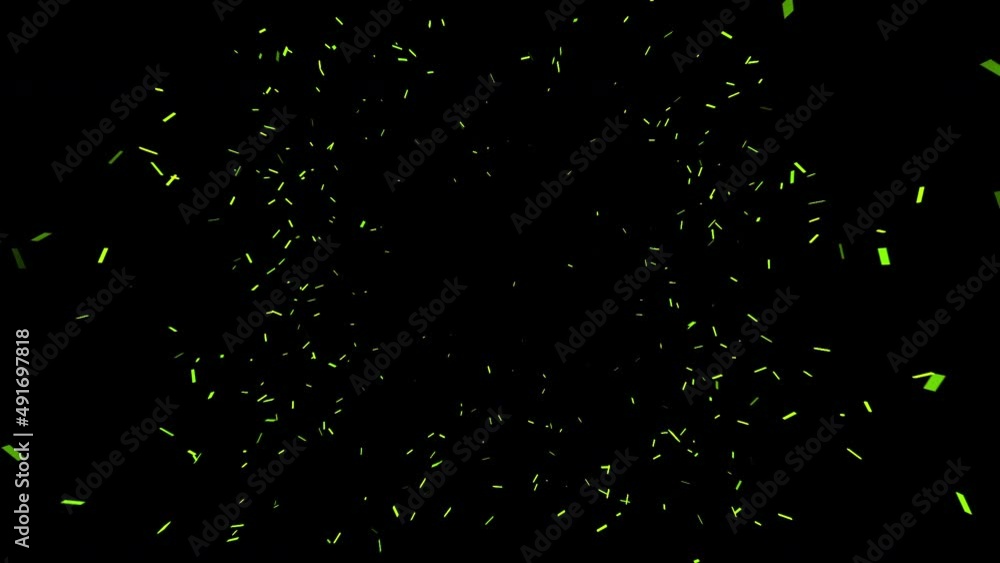 Poster flying through outer space with flying green dust particles, seamless loop. animation. cosmic backgr