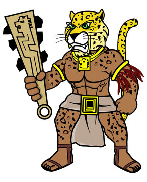muscle mexican leopard warrior aztec character cartoon illustration in vector format