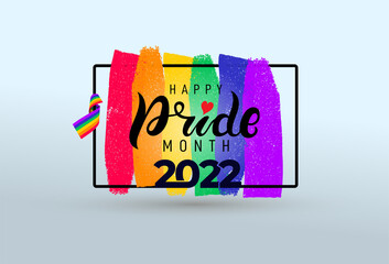Pride month 2022 logo with rainbow flag. Pride symbol with heart, LGBT, sexual minorities, gays and lesbians. Banner Love is love. Template designer sign, icon colorful brush strockes rainbow.