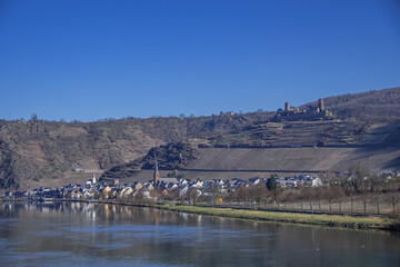 The view from the Moselle bridge over the town of Alken, the Moselle and Thurant Castle