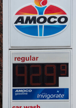Wake Forest, NC - United States- 03-09-2022: A gas station displays record high prices in North Carolina during the Ukraine invasion. 