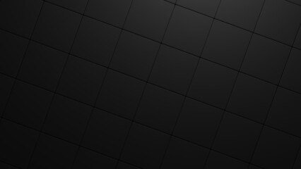 3d rendering of dark background image with slanting geometric square structures in black and gray tones lightened by a light source positioned above it