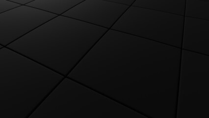 3d rendering of dark ground with geometric square structures in black and gray tones lightened by a light source positioned above it in perspective view