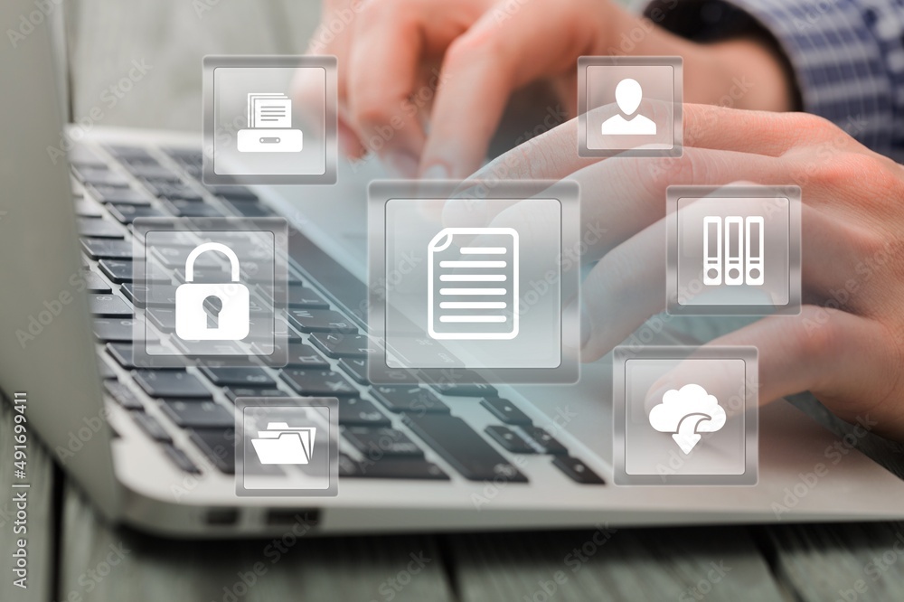 Poster businessman using a computer to document management concept, doc sharing.