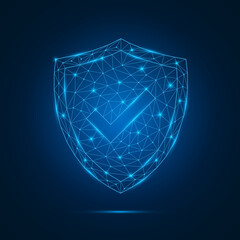 Futuristic glowing low polygonal security guard shield with check mark symbol. Antivirus sign with connection lighting dots. Cyber protection of safe concept. Vector isolated on dark blue background. © Віталій Баріда