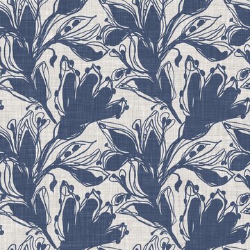 French Blue Floral Linen Seamless Pattern With 2 Tone Country Cottage Style Botanical Motif. Simple Vintage Rustic Fabric Textile Effect. Primitive Modern Shabby Chic Design.